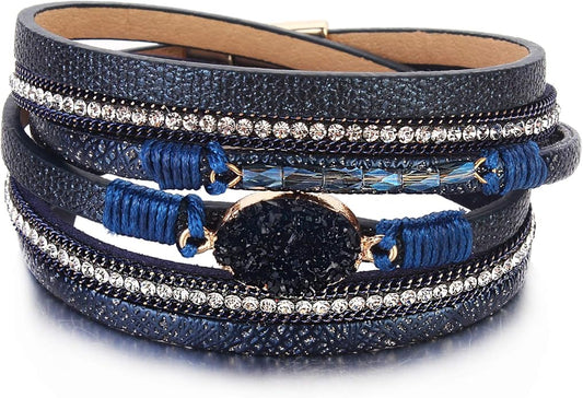 FANCY SHINY Leather Wrap Bracelet Boho Cuff Bangle Bracelets Crystal Bead Bracelet with Magnetic Clasp Jewelry Gifts for Women