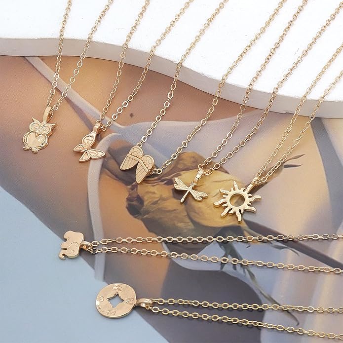 Rrdaily Stylish 9Pcs Gold Plated Necklace Set for Women,Simple Wings Butterfly Pendant Choker Necklace,Striking Friendship Birthday Festival Jewelry Gifts