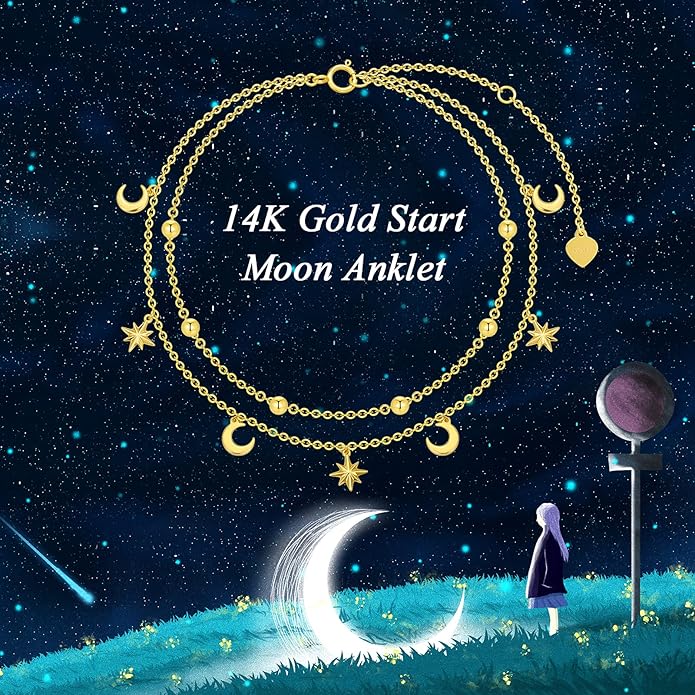 SISGEM 14K Yellow Gold Star Moon Anklet for Women,Real Gold Beads Station Anklet Bracelet Tassel Double Foot Link Beach Anklets Fine Jewelry Birthday Gifts for Her 8”+2”