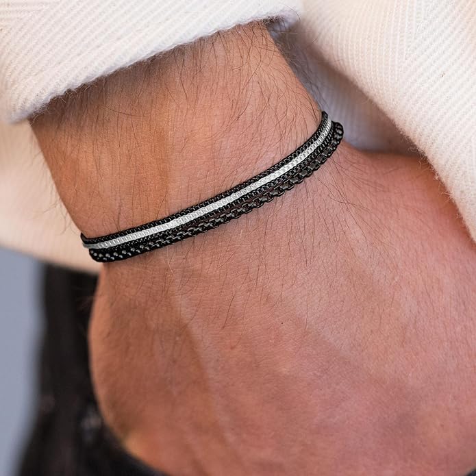 Galis Mens Bracelet - Cuban Link or Box Chain Layered Chain For Men - Premium Stainless Steel, Gift for him, Gold, Silver, Black Bracelet For Men 7-8" Size, 3-5mm Thick