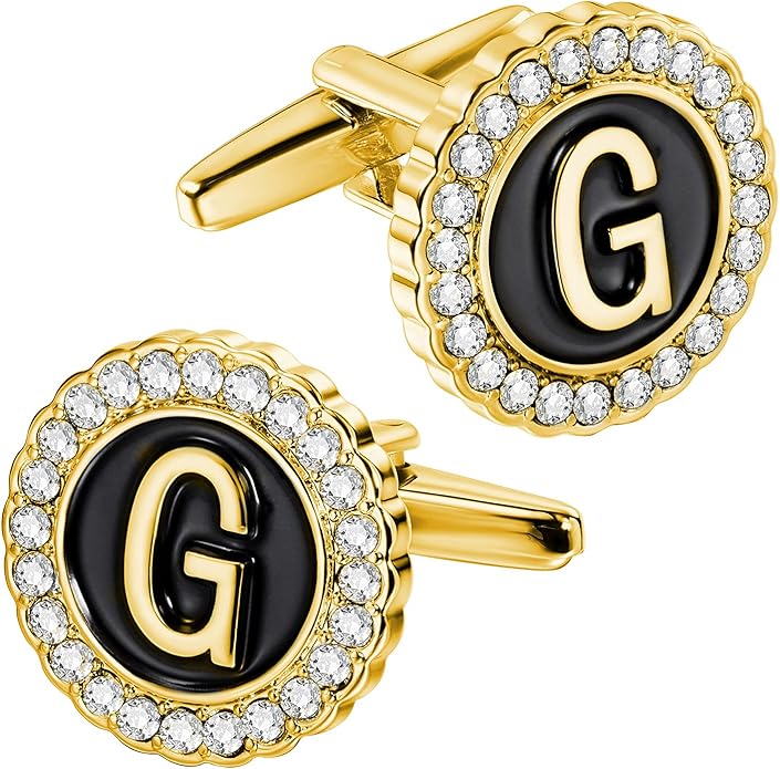 HAWSON A-Z Initial Cufflinks for Men and Women with Clear Crystal, Gold Silver Color Rasied Letter A-Z Cuff Links for French Shirt, Gift for Normal and Business Wearing