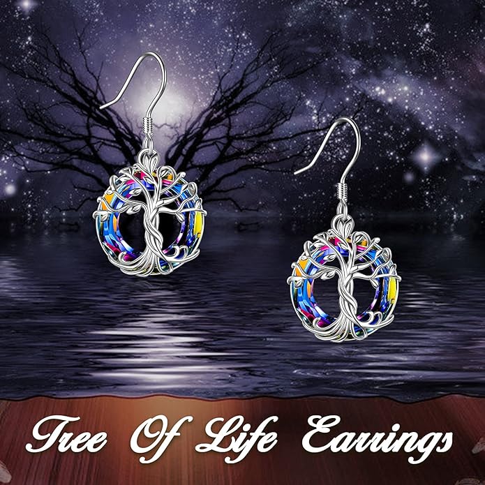 TOUPOP Tree of Life Earrings 925 Sterling Silver Family Tree Dangle Drop Earrings Crystal Jewelry Birthday Christmas Gifts for Women Her