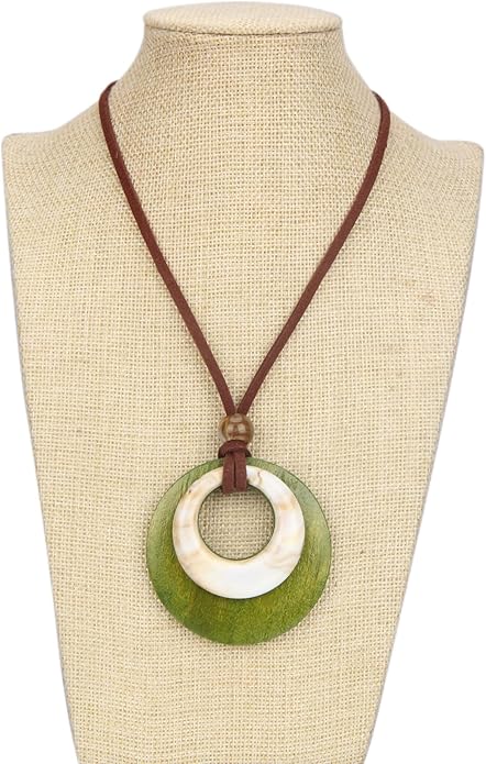 Long Boho Necklaces for Women Vintage Leather Wooden Pendant Y Choker Ethnic Style Gold Circle Hippie Sweater Necklace
