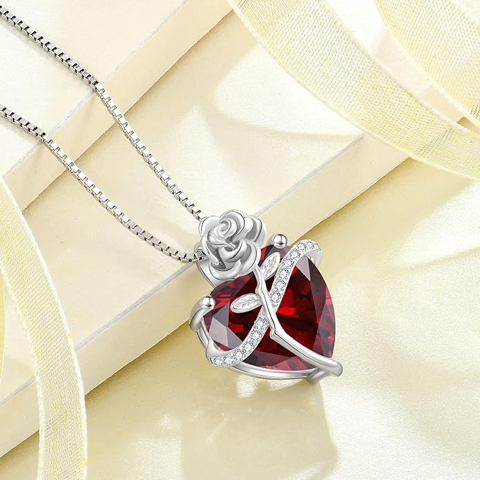 Birthstone Necklace for Women 925 Sterling Silver Love Heart Rose Flower Necklace Dainty Jewelry Gifts for Women Wife Girlfriend Mother Daughter Her