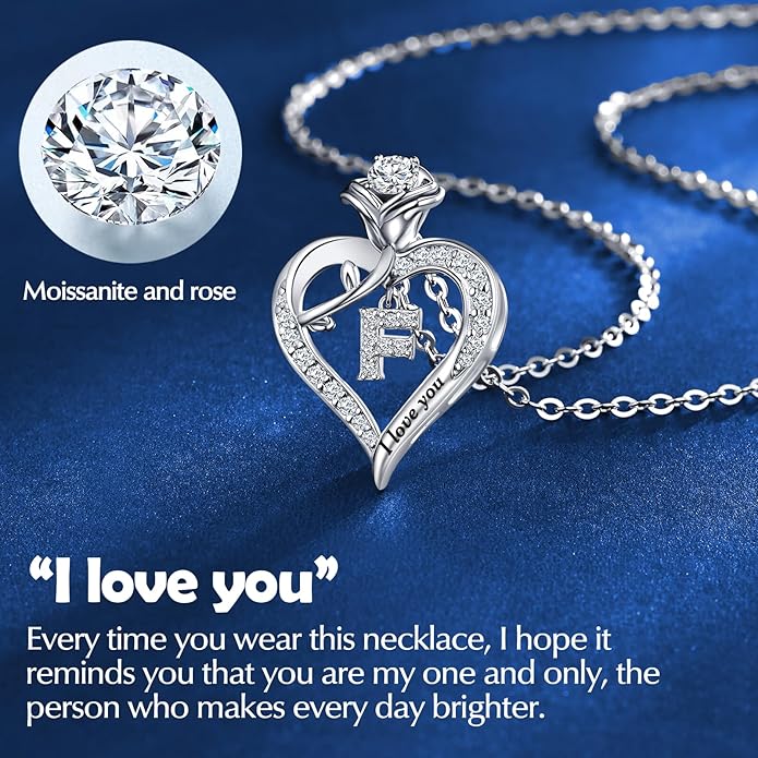 DWWGE Rose Heart Pendant Necklace Gifts for Wife, Engraved 'I love you' Gift for Wife Girlfriend, Anniversary Birthday Eternity Jewelry Present for Women, Moissanite Necklace Gift for Her
