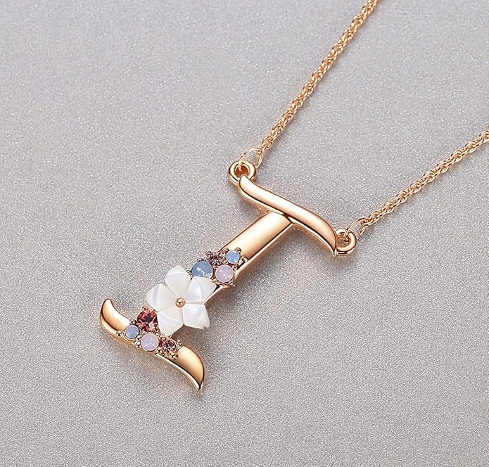 Flower Initial Letter Necklace Pink Red Blue Simulated Pearl Pendant Name Jewelry Made with Austrian Crystals Rose Gold Plated Anniversary Birthday Gifts for Women,18"+2"