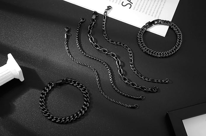 XIANNVXI 6pcs Stainless Steel Bracelets for Men Women Silver/Gold/Black Cuban Link Rope Paperclip Chain Bracelets Set 6.5/7/7.5/8.3/9 Inches Metal Bracelet Mens Fashion Accessories Jewelry Set