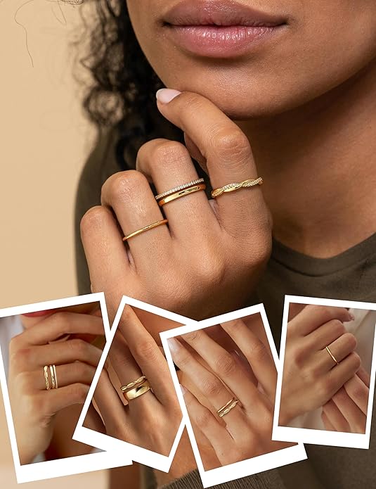 Florideco 14K Gold Plated Stackable Rings for Women Non Tarnish Dainty Cubic Zirconia Ring Set Minimalist Wedding Bands Ring Stack Statement Engagement Promise Thumb Rings Size 5-10