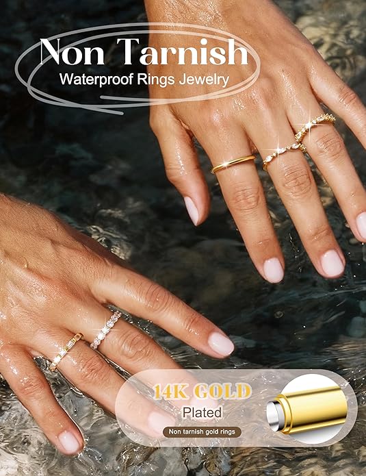 FUNRUN JEWELRY 14K Gold Plated Rings for Women Non Tarnish Stackable Rings Dainty Cubic Zirconia Band Pinky Thumb Knuckle Ring Set Trendy Statement Promise Wedding Thin Stacking Ring Size 5-10 5PCS