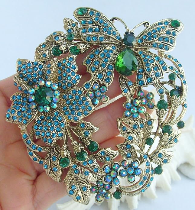 Art Style 3.54" Butterfly Flower Brooch Pin Pendant Rhinestone Crystal BZ4489