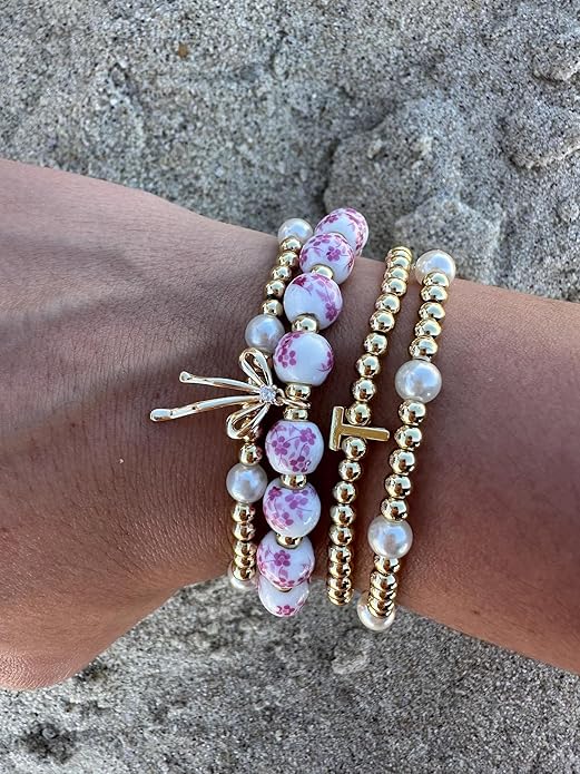 Beads Bow Charm Bracelet for Women Flower Vintage Bracelet Handmade Stretch Beaded Dainty Romantic Jewelry Gifts