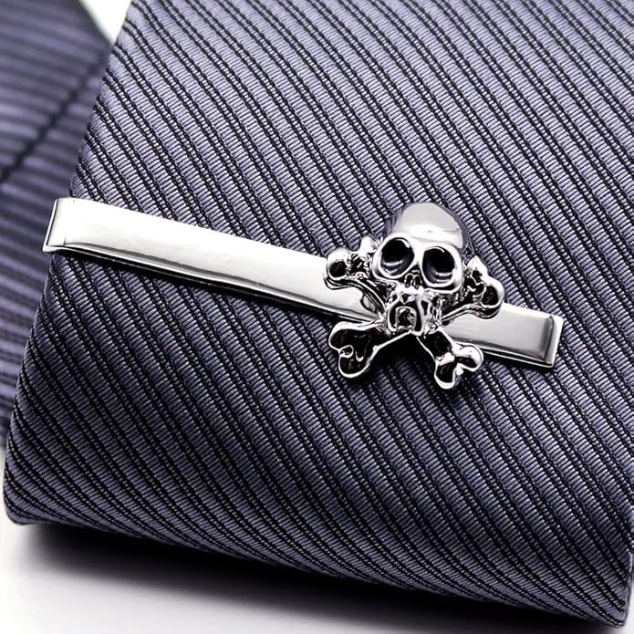 Punk Skull Cufflinks & Tie Clip for Men, Unique Cool 3D Skeleton Cuff-Links Necktie Bar Set, Silver Gothic Pirate Button & Stickpin, Novelty Tie Bars for Wedding & Cosplay Theme Party, Gift for Groomsmen Grooms - Love Forever till Death