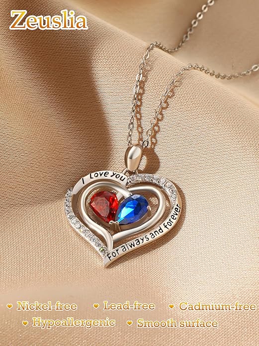 Zeuslia Double Birthstone Necklace Gifts for Wife - 925 Sterling Silver Sunflower/Rose/Crown Cross/Compass/Heart Pendant I Love You Necklace, Anniversary Birthday Gifts for Wife Girlfriend Mom Her