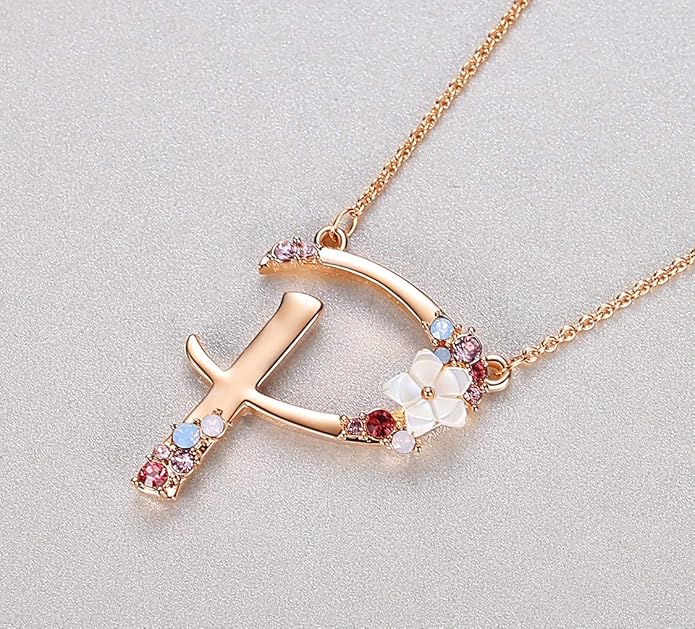 Flower Initial Letter Necklace Pink Red Blue Simulated Pearl Pendant Name Jewelry Made with Austrian Crystals Rose Gold Plated Anniversary Birthday Gifts for Women,18"+2"