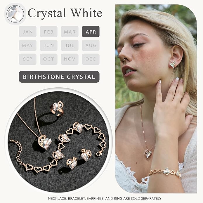Leafael Rose Gold Plated Necklace for Women: Heart Shaped Birthstone/Healing Crystals Center, Dazzling Cubic Zirconia, Hypoallergenic Chain (18"+2"), Jewelry Gifts for Anniversaries and Birthdays