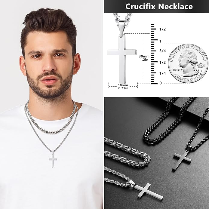 Romass 4Pcs Cross Necklace for Men,Stainless Steel Chains for Men Layered Necklaces Silver Gold Black Pendant Jewelry Box Gifts 18-24 Inches