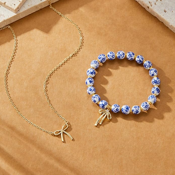 Qiuseadu Bow Bracelet Necklace Set 14K Gold Beaded Bracelet Dainty Bow Pendant Choker Jewelry Gift Set