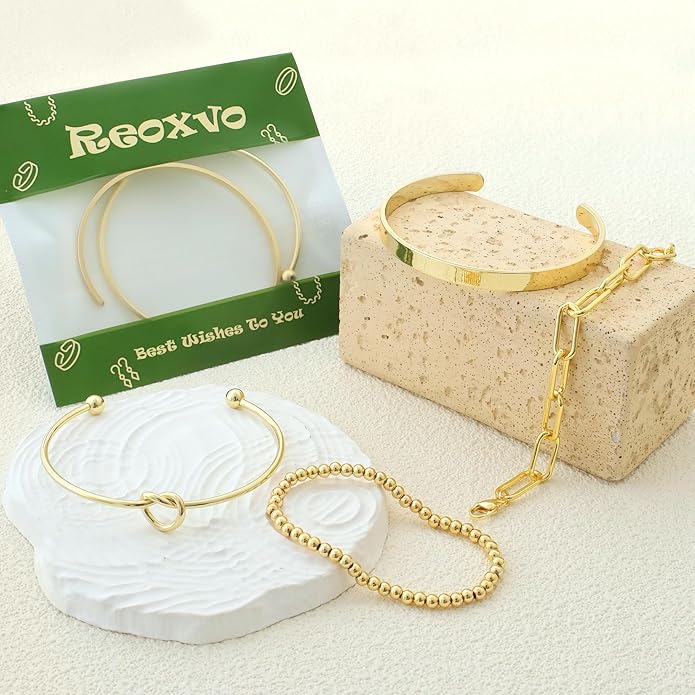Reoxvo Gold Plated Bangle Cuff Bracelets for Women Non Tarnish Gold Bracelet Stack Jewelry Set for Women Trendy