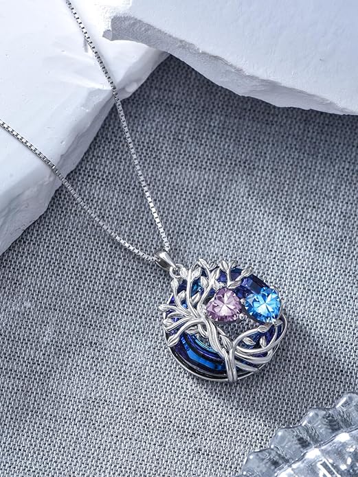 TOUPOP s925 Sterling Silver Family Celtic Tree of Life Pendant Necklaces with 2 Heart Birthstone with Blue Austrian Crystal Jewelry Birthday Anniversary Christmas Gifts for Her Wife Girlfriend Mom (18K Real White Gold Filled)