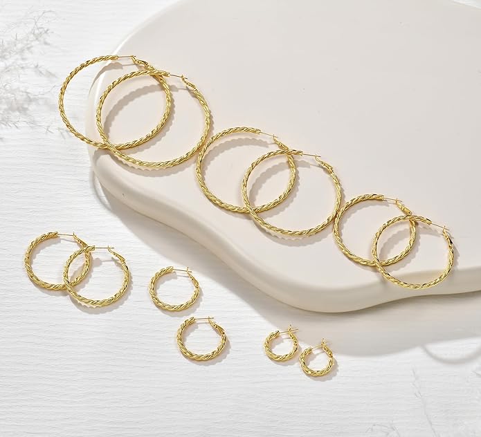 AllenCOCO Gold Hoop Earrings for Women, 18K Gold Plated Twisted Rope Design, Textured Thin Round Hoops with Sterling Silver Post Hypoallergenic 20-70mm