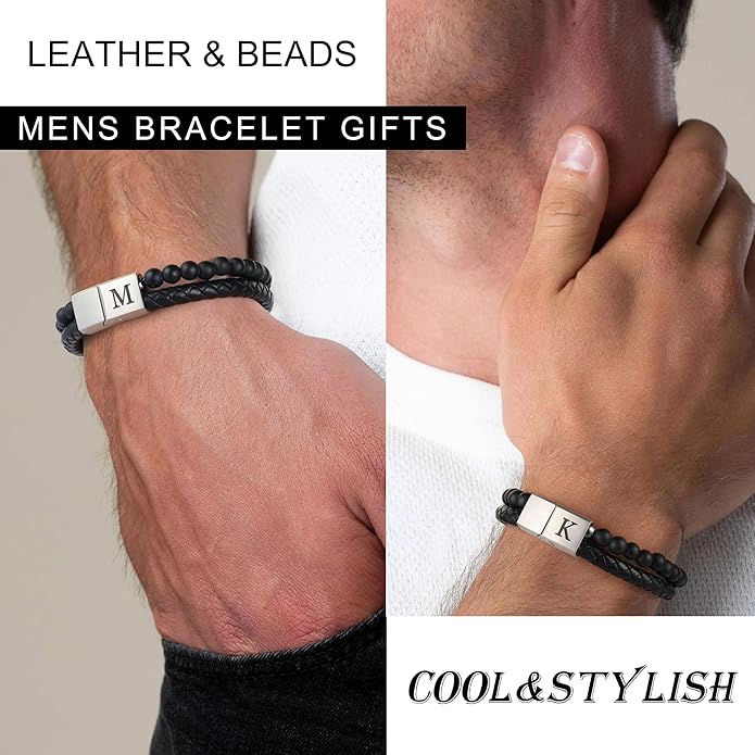 LUXEJEW Gifts for Men - Mens Bracelet, Beaded Leather Initial Bracelet 6mm Matte Agate Stone Handmade Bracelets Adjustable Stainless Steel Magnetic Clasp Mens Jewelry Gifts