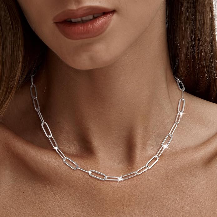MBW Silver Paperclip Chain Necklace for Women,Dainty Sterling Silver Choker Necklaces for Women Trendy Simple Long Chunky Minimalist Waterproof Link Necklace Jewelry Gifts for Women 16/18/20 in