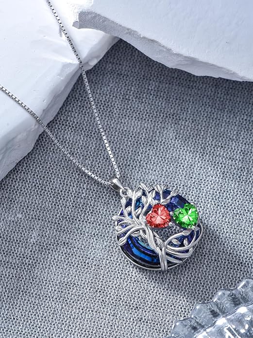 TOUPOP s925 Sterling Silver Family Celtic Tree of Life Pendant Necklaces with 2 Heart Birthstone with Blue Austrian Crystal Jewelry Birthday Anniversary Christmas Gifts for Her Wife Girlfriend Mom (18K Real White Gold Filled)