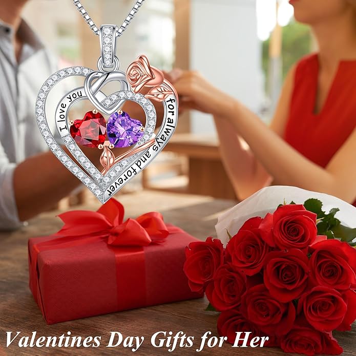 Iefil Rose Heart Necklace Gifts for Wife Women - 925 Sterling Silver Double Birthstone Necklace, Anniversary Birthday Gifts for Women, Jewelry Gift for Wife Girlfriend Mom Her