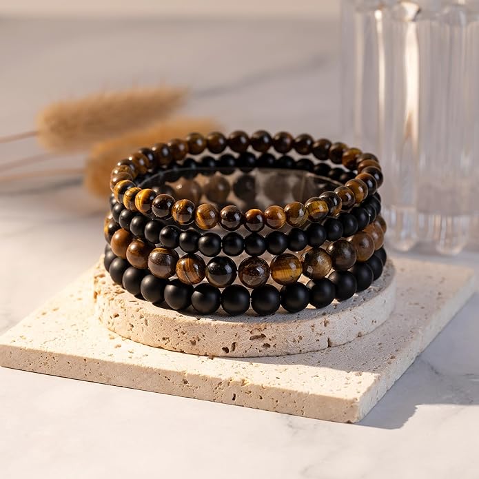 RANKEEF Mens Bead Bracelet Set - Adjustable Elastic Rope With 6&8MM Natural Stone Multi-Colored Beads - Tiger Eye Bracelets for Men - Gift