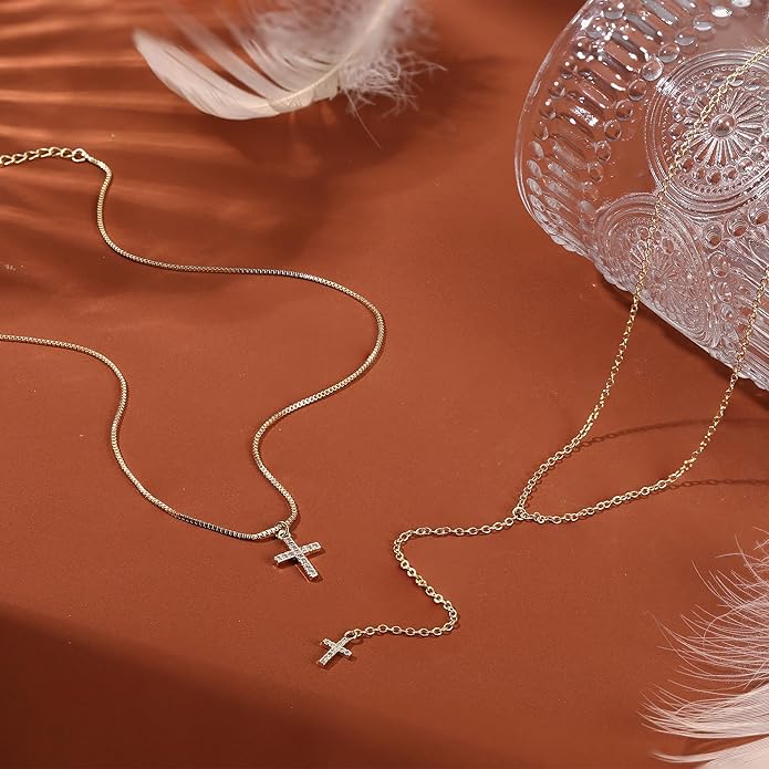 Dochais Dainty Gold Layered Necklace for Women, 14K Gold Plated Y Necklace & Chain, Dainty Lariat Long Necklaces, Trendy Cubic Zirconia Choker, Sun, Heart, Pearl & Cross Pendant Necklace, Jewelry Gift