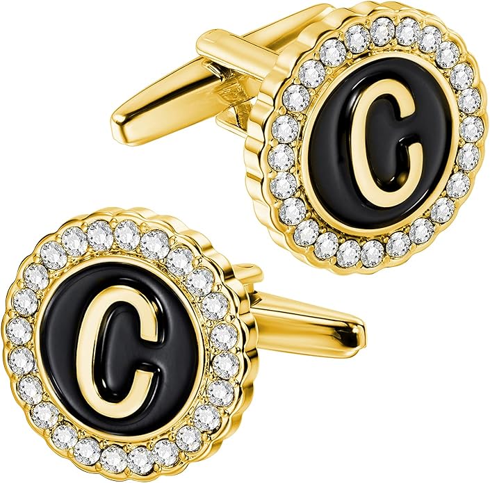 HAWSON A-Z Initial Cufflinks for Men and Women with Clear Crystal, Gold Silver Color Rasied Letter A-Z Cuff Links for French Shirt, Gift for Normal and Business Wearing