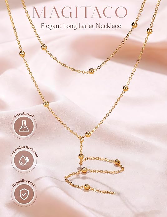Magitaco Lariat Necklace for Women, 18K Gold Plated/Silver Color Dainty Long Necklaces for Women Layered Y-Necklace, Drop Beaded Sequined Chain for V-Neck, Elegant Wedding Guest Jewelry