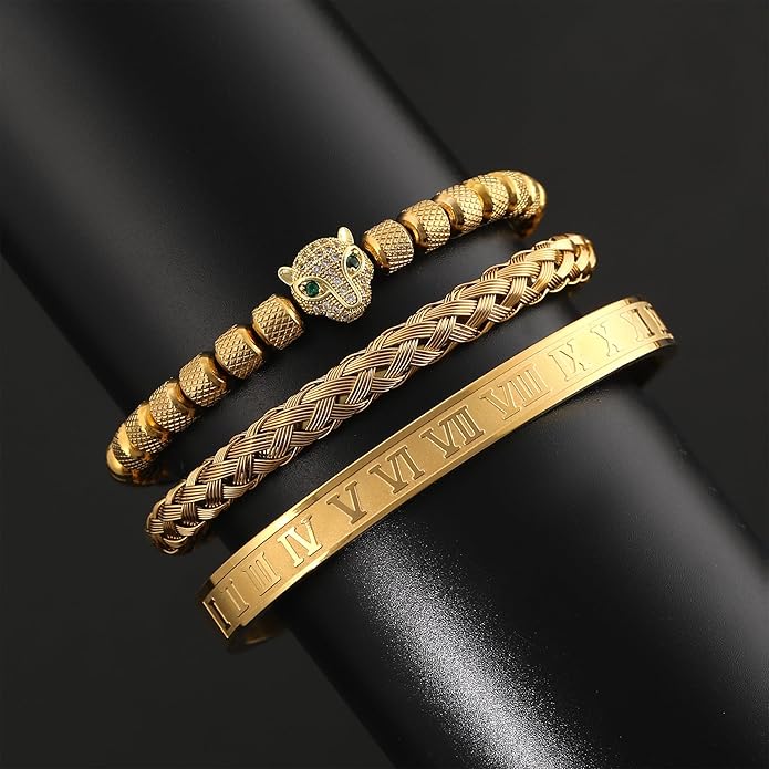 WFYOU 3PCS Stainless Steel Bracelets for Men Gold Roman Numeral Bangle Bracelet Twisted Cable Bracelet Adjustable Cuff Bracelet Mens Luxury Jewelry Bracelets Gifts