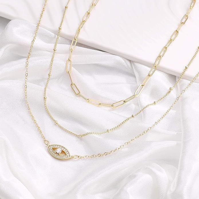 Turandoss Dainty Layered Choker Necklace, Handmade Y Pendant Necklace Multilayer Bar Disc Necklace Adjustable Layering Choker Necklaces for Women