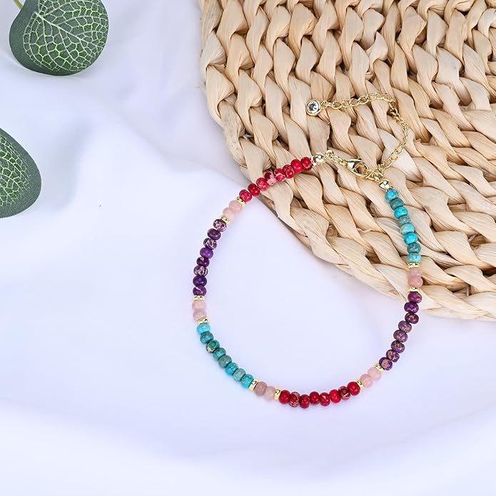 Natural Stone Beaded Anklets Bracelets for Women Handmade Beaded Anklet Bracelet Waterproof Boho Beads Ankle Bracelet Adjustable Summer Jewelry
