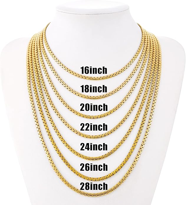 Fiusem Flat Box Chains for Men, 14k Gold Plated Stainless Steel Chain Necklace, 2.5/3/4/4.5/5mm Necklaces for Men and Women 16-28 Inch