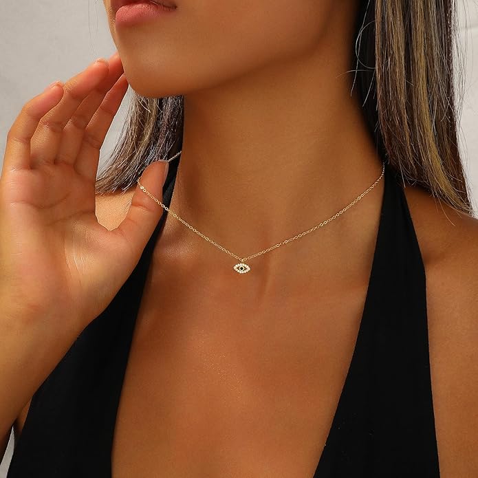 Evil Eye Necklace for Women,Dainty 14K Gold/Sterling Silver Plated Evil Eye Pendant Necklace Tiny Boho CZ Diamond Necklace Cute Trendy Lucky Protection Jewelry Gift for Women
