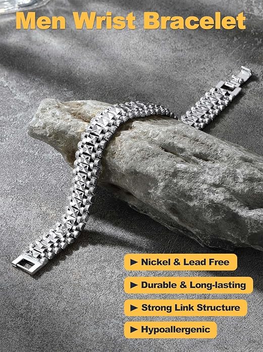 U7 Link Bracelets for Men, Cuban Link/Rope/Watch Band Solid Bracelet, Silver Black Gold Color Wrist Bracelet 3/6/9/12/15mm Width, 6.5/7.5/8.3 Inch Length, Hand Chain Jewelry for Mens Women