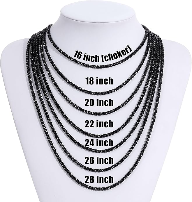 Fiusem Black Wheat Chains for Men and Women, 2/2.5/3/4/5mm Stainless Steel Necklace Chain, Mens Necklace Jewelry Gift 16-28 Inch