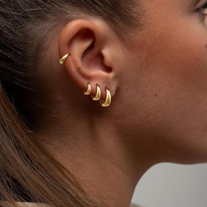 Foxgirl 4 Pairs Small Chunky Huggie Hoop Earrings for Women - Dainty 14K Gold Plated Hypoallergenic Lightweight Stack Earring Sets for Multiple Piercing Trendy Jewelry