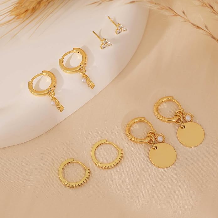 Gold Plated Earrings for Women, 14k Gold Plated Earring Stack Hypoallergenic Pearl Drop Earring Dainty Earrings for Women Trendy Cute Small Huggie Hoop Earring Fashion Womens Jewelry