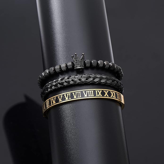 WFYOU 3PCS Stainless Steel Bracelets for Men Gold Roman Numeral Bangle Bracelet Twisted Cable Bracelet Adjustable Cuff Bracelet Mens Luxury Jewelry Bracelets Gifts