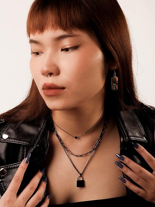 Sacina Gothic Silver-Tone, Black Layered Heart Lock Necklace, Emo Grunge Punk Necklace, Goth Jewelry, Halloween Christmas Jewelry Gift For Women