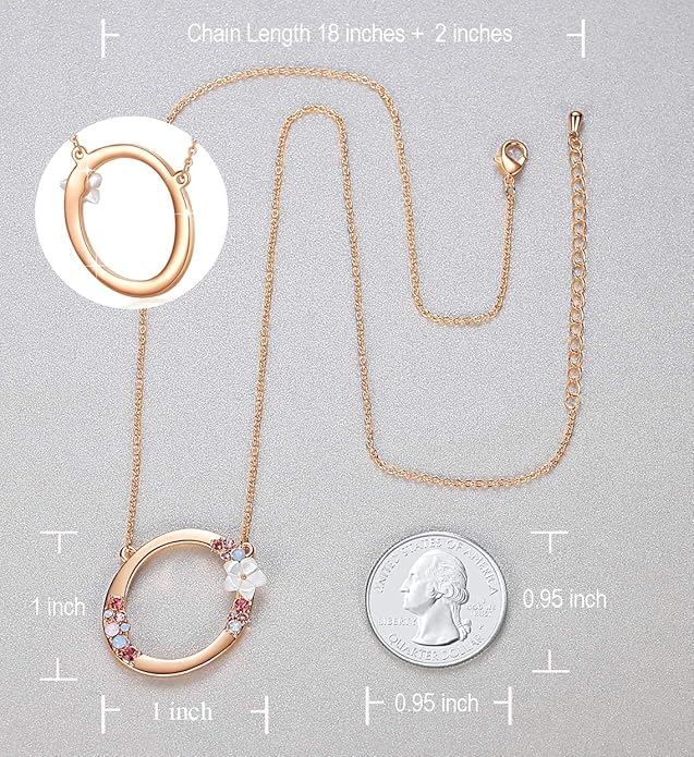 Flower Initial Letter Necklace Pink Red Blue Simulated Pearl Pendant Name Jewelry Made with Austrian Crystals Rose Gold Plated Anniversary Birthday Gifts for Women,18"+2"