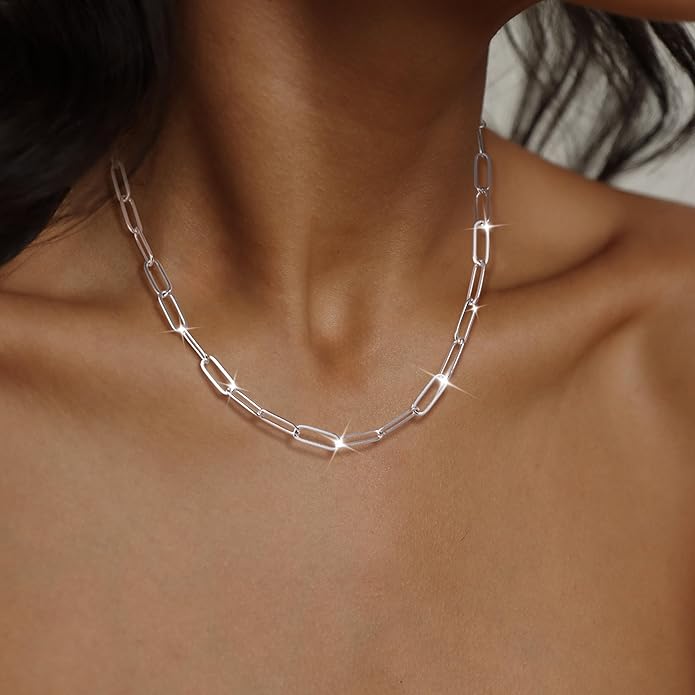 MBW Silver Paperclip Chain Necklace for Women,Dainty Sterling Silver Choker Necklaces for Women Trendy Simple Long Chunky Minimalist Waterproof Link Necklace Jewelry Gifts for Women 16/18/20 in