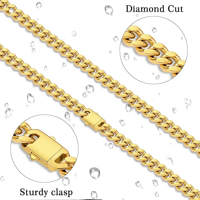 Fiusem Valentines Day Gifts for Him Silver Tone/Black/14K Gold Plated Chain Necklace for Men, 5mm/6mm/7.5mm/8mm/9mm Stainless Steel Cuban Link Chain Necklace, Men's Chains 18-28 Inch Jewelry Gifts