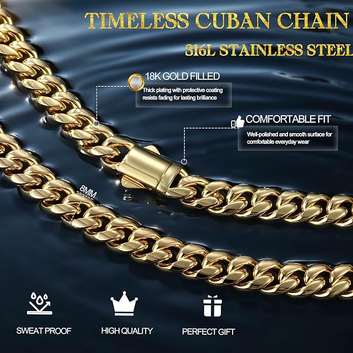 MUSECLOUD Gold Cuban Link Chain for Men Mens Stainless Steel Miami Curb Chains Necklace 5/8mm Thick Real Gold/Silver/Black Plated Diamond Cut Non-Tarnish Jewelry Trendy Christmas Gifts 18-26 Inch