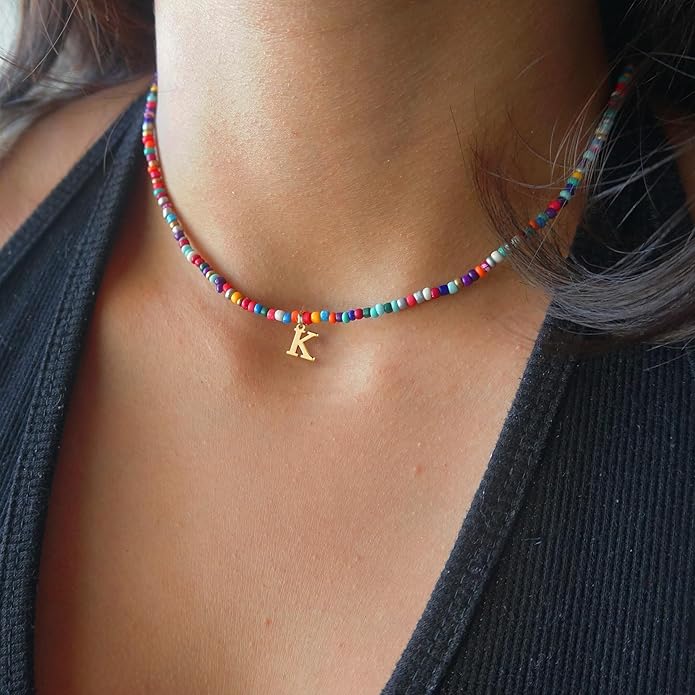 Yoosteel Colorful Beaded Initial Necklaces for Girls Gifts - Cute Choker Necklace for Kids Jewelry A-Z Initial Necklaces for Women Personalized Birthday Gifts for Teenage Girls