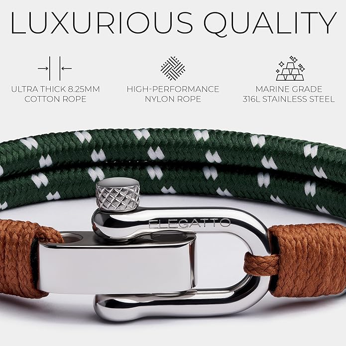 Elegatto Duetto Platinum Rope Bracelet for Men | Double Nautical Nylon Cord with Silver Polished Stainless Steel Shackle Clasp | Waterproof and Fade-Resistant