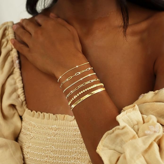 DEARMAY 14K Gold Plated Bracelets for Women Waterproof, Jewelry Sets Trendy Thin Dainty Stackable Cuban Link Paperclip Chain Bracelet Pack Fashion Accessories Gifts for Womens